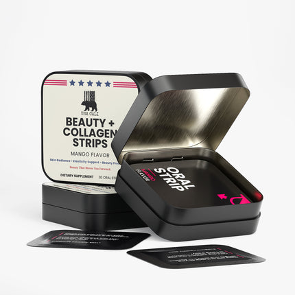 USA CALI Beauty Collagen Strips product label close-up – skin health supplement