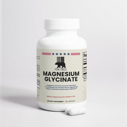 USA CALI Magnesium Glycinate capsules close-up – high absorption magnesium glycinate, made in USA