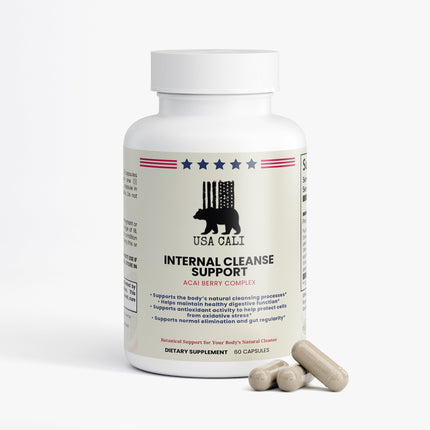 USA CALI Acai Berry Cleanse label closeup showing gut health and cleanse benefits