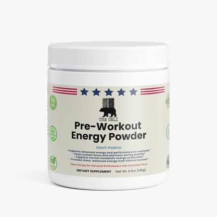 USA CALI Pre-Workout Energy Powder Fruit Punch 140g front label – sugar-free clean energy formula