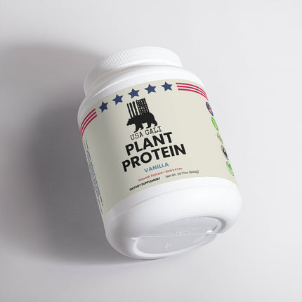 USA CALI Plant Protein Vanilla supplement facts panel showing 20g protein per serving