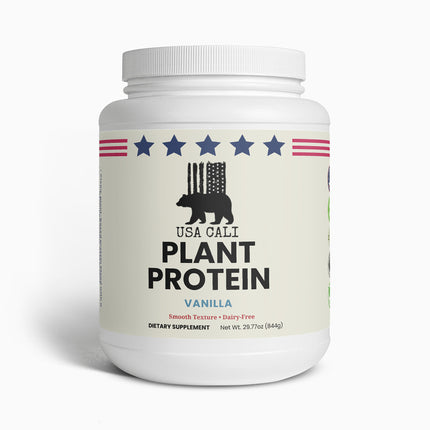 USA CALI Plant Protein Vanilla powder front label with fava bean isolate and fermented yeast protein