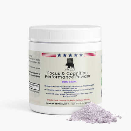 USA CALI Focus Powder Sour Grape supplement facts panel with L-Theanine and Alpha-GPC ingredients