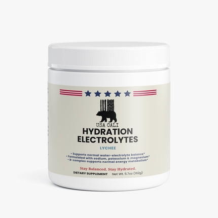 USA CALI Hydration Electrolytes Powder Lychee front label 5.7 oz caffeine-free keto friendly