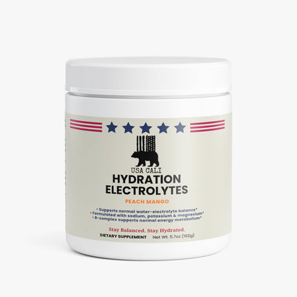 USA CALI Hydration Electrolytes Powder Peach Mango 5.7oz front label