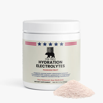 CALI Hydration Electrolytes Powder Passion Fruit B-Complex caffeine-free formula side label