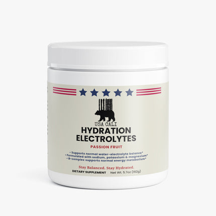 USA CALI Hydration Electrolytes Powder Passion Fruit front label 5.7 oz sugar-free drink mix