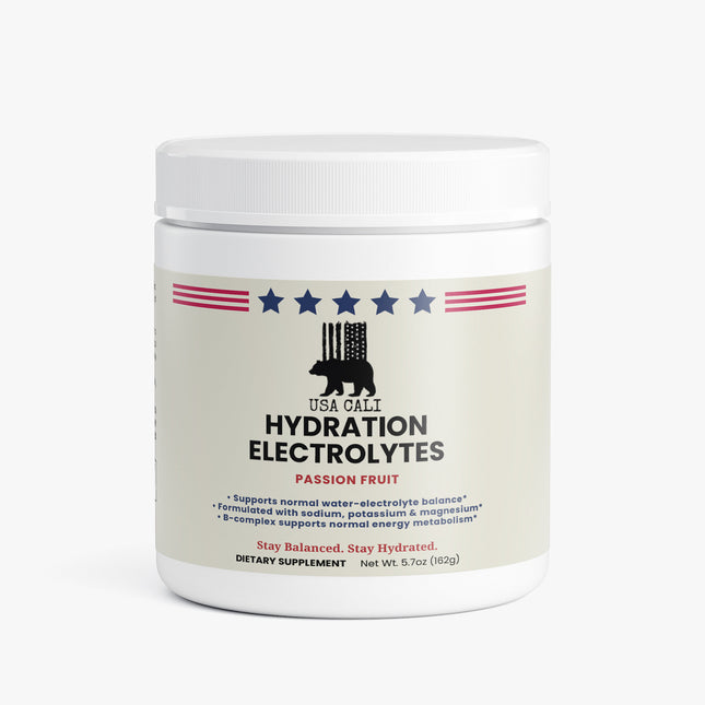 USA CALI Hydration Electrolytes Powder Passion Fruit front label 5.7 oz sugar-free drink mix