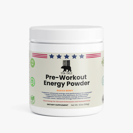 USA CALI Pre-Workout Energy Powder Guava Berry flavor front label 4.2oz canister