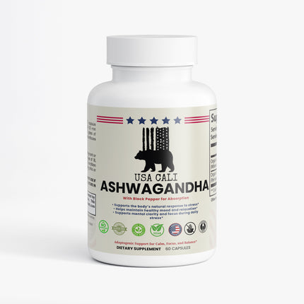USA CALI Ashwagandha supplement bottle for calm and stress support