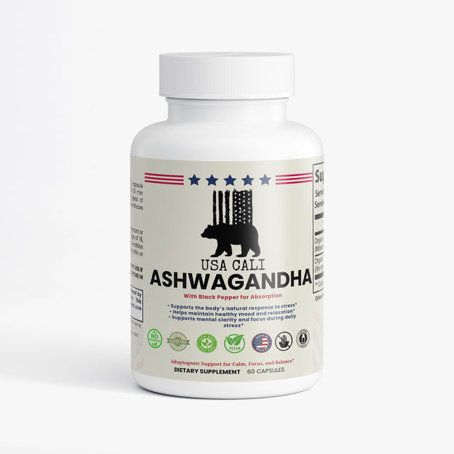 USA CALI Ashwagandha supplement bottle for calm and stress support