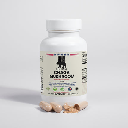 USA CALI Chaga Mushroom Capsules side label – antioxidant defense and gut health Made in USA