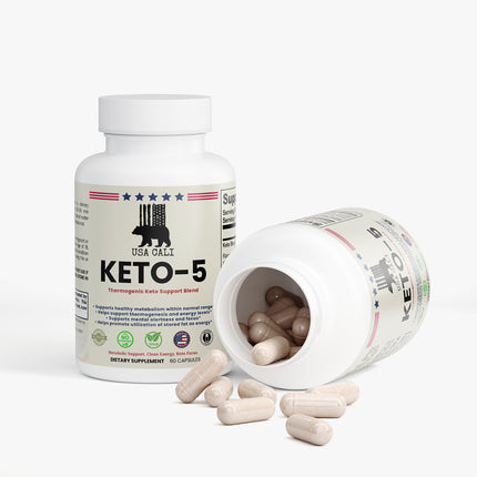 Keto-5 supplement facts panel – green tea, green coffee bean & caffeine formula, made in USA