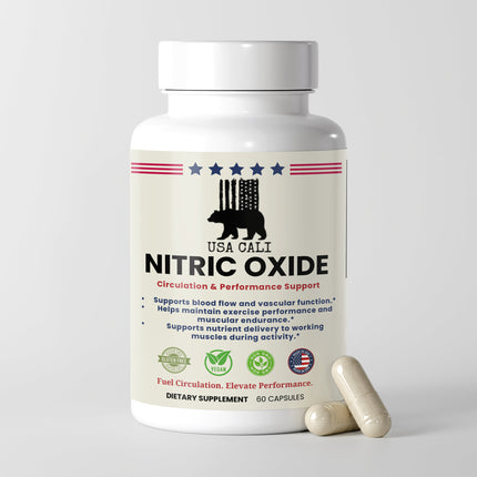USA CALI Nitric Oxide supplement label showing L-Arginine HCL and L-Citrulline DL-Malate ingredients