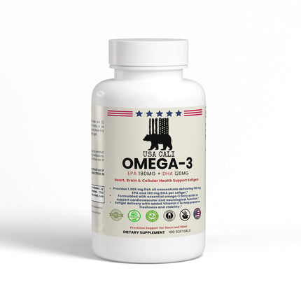USA CALI Omega-3 supplement bottle front label for heart, brain and vision support
