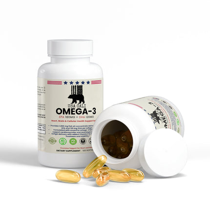 USA CALI Omega-3 fish oil capsules label detail heart brain vision