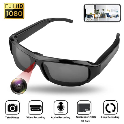 POV Camera Glasses front view with built-in HD recording lens