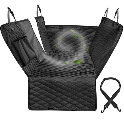 Dog car seat cover installed in back seat protecting vehicle upholstery