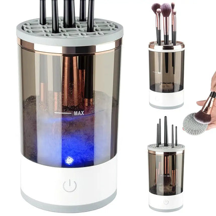 Automatic electric makeup brush cleaner device with spinning collar