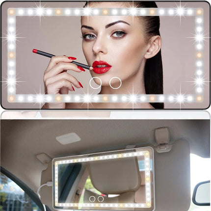 Car makeup mirror with LED lights mounted on sun visor for touch-up on the go