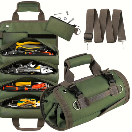 Heavy-Duty Roll-Up Tool Bag front view showing compact rolled design