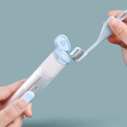 Portable 3 in 1 toothbrush showing bristle head and multi-function features