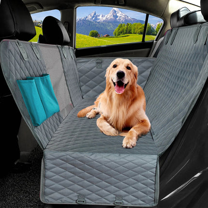 Dog car seat cover with dog sitting comfortably on waterproof cover