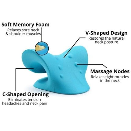 Neck Relaxer Stretcher device shown in use for neck pain and tension relief