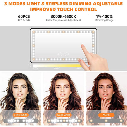 Car makeup mirror close-up showing adjustable LED lighting and clear reflection