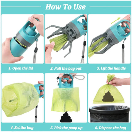 Portable dog poop scooper close-up view of claw mechanism and bag attachment