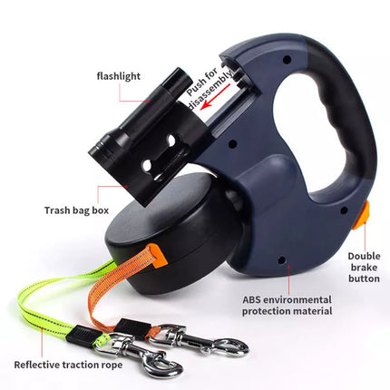 Close-up of retractable pet leash with light handle grip and lock button