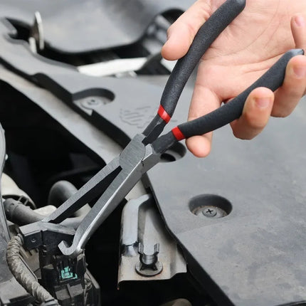 Close-up of electrical disconnect pliers jaw and grip detail