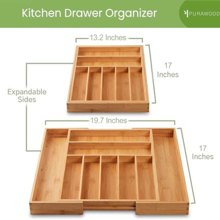 Purawood Bamboo Drawer Organizer – Expandable Silverware & Utensil Organizer Tray