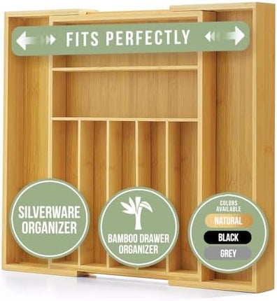 Purawood Bamboo Drawer Organizer – Expandable Silverware & Utensil Organizer Tray