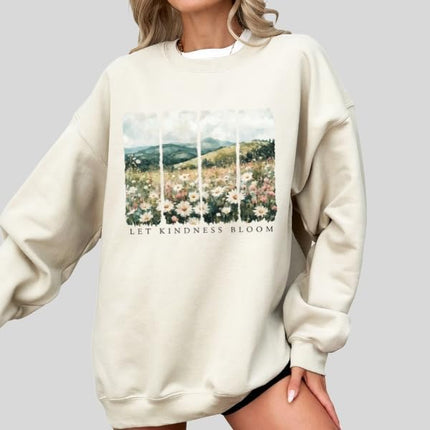 Let Kindness Bloom Floral Landscape Sweatshirt – Vintage Wildflower Meadow — Home & Lifestyle