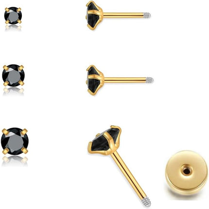 3 Pairs CZ Flat Screw Back Stud Earrings