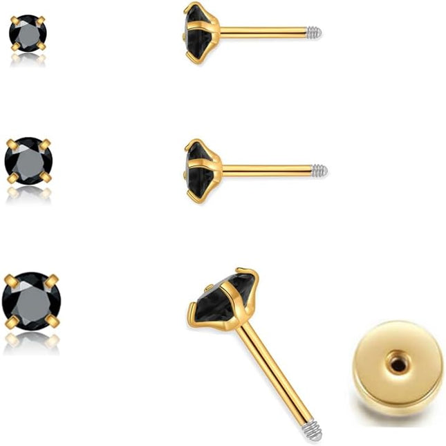 3 Pairs CZ Flat Screw Back Stud Earrings