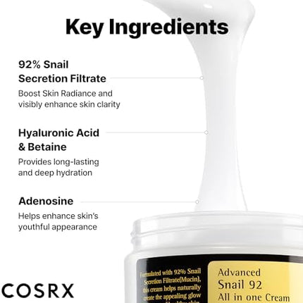 COSRX Snail Mucin 92% Face Moisturizer, 3.52 oz — K-Beauty Gel Cream