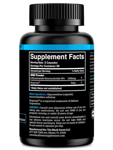 Black Forest NMN 1000mg capsules supplement facts label 99% pure NAD+ booster