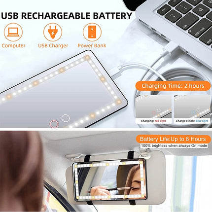 Car makeup mirror clipped to sun visor demonstrating easy hands-free installation