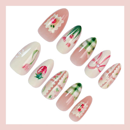 30-Piece Spring Medium Almond Press-On Nails with Flower and Strawberry Design