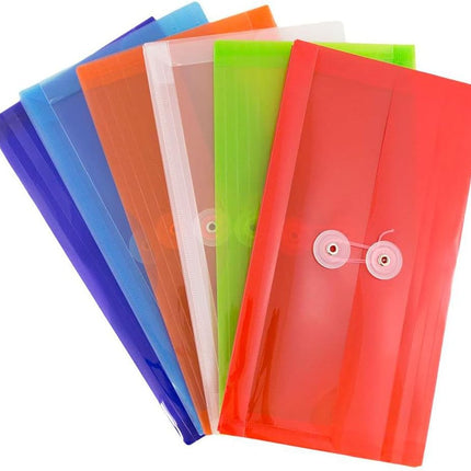 Plastic Filing Envelopes with Button & String Tie Closure - #10 Business Booklet - 5 1/4 x 10 - Assorted Colors - 6/pack