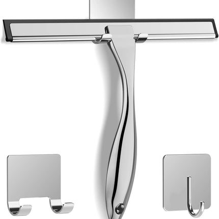 10-Inch Silver Stainless Steel Shower Squeegee with 2 Adhesive Hooks