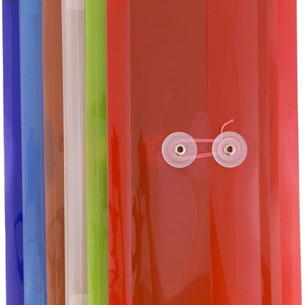 Plastic Filing Envelopes with Button & String Tie Closure - #10 Business Booklet - 5 1/4 x 10 - Assorted Colors - 6/pack
