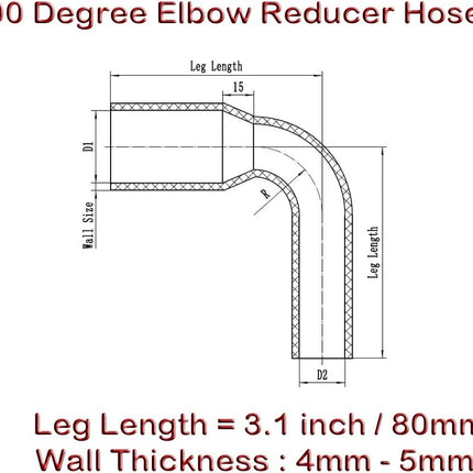 Automotive Silicone 90-Degree Elbow Reducer Coupler, 2.75 in to 3 in, Red