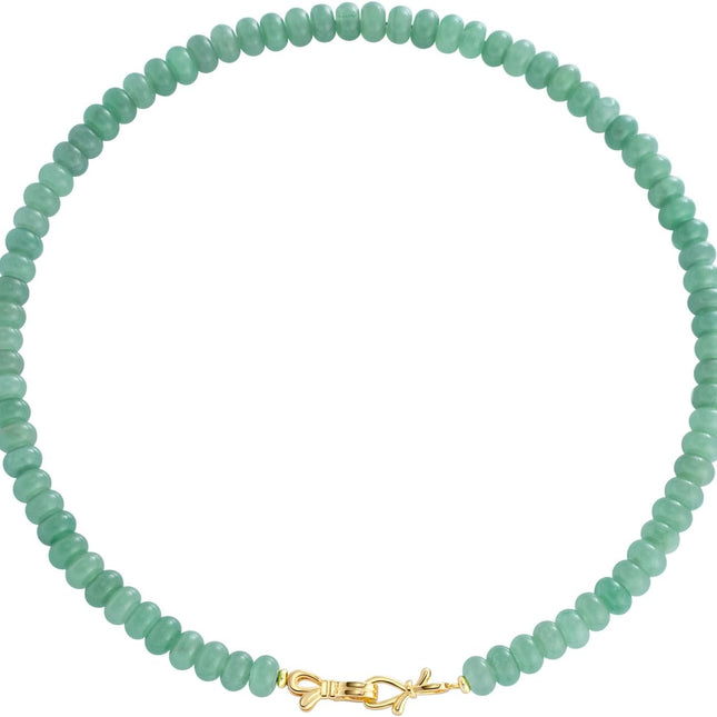 Green Aventurine Gemstone Beaded Choker Necklace with 14K Gold Bow