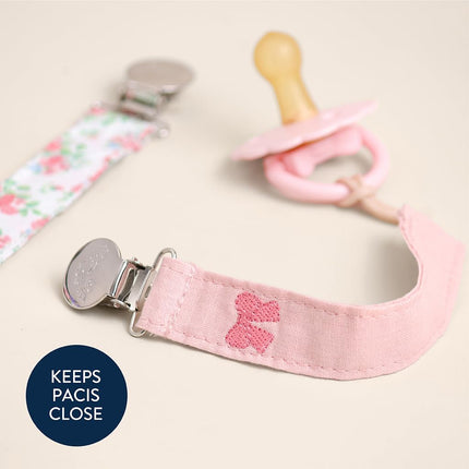 Fabric Pacifier Strap Set – Universal Clip, Pack of 2 in Bows & Floral
