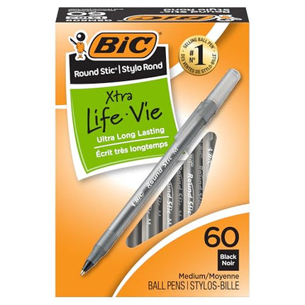 Round Stic Xtra Life Black Ballpoint Pens, 60-Count