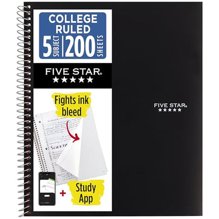 5-Subject Spiral Notebook, College Ruled, 200 Sheets, Black