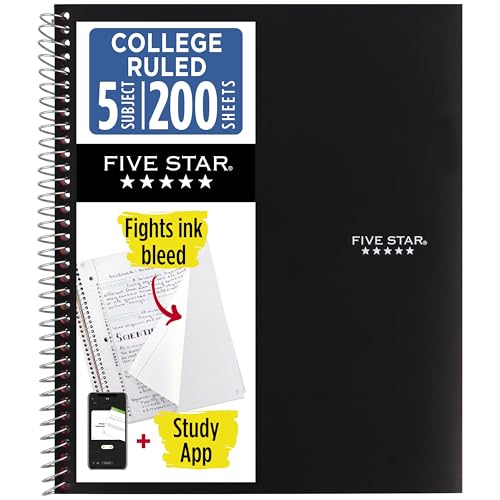 5-Subject Spiral Notebook, College Ruled, 200 Sheets, Black